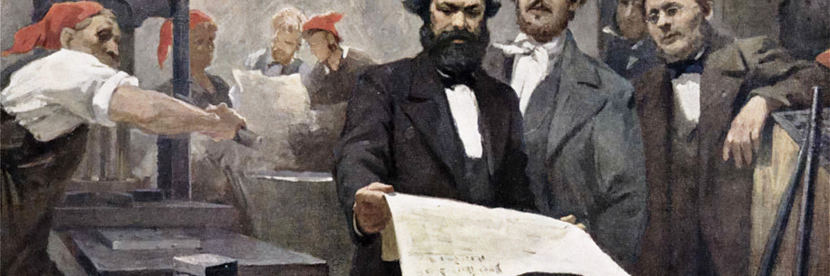 Karol Marks podczas wizyty w drukarni. Grafika z połowy XIX wieku.
