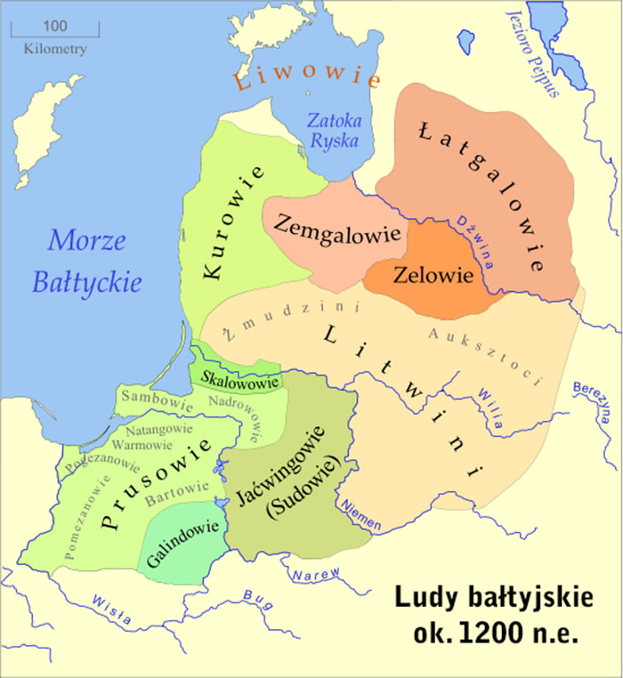 Prusowie i inne ludy bałtyjskie około 1200 roku (MapMaster/Killroyus, lic. CC-BY-SA 3,0).