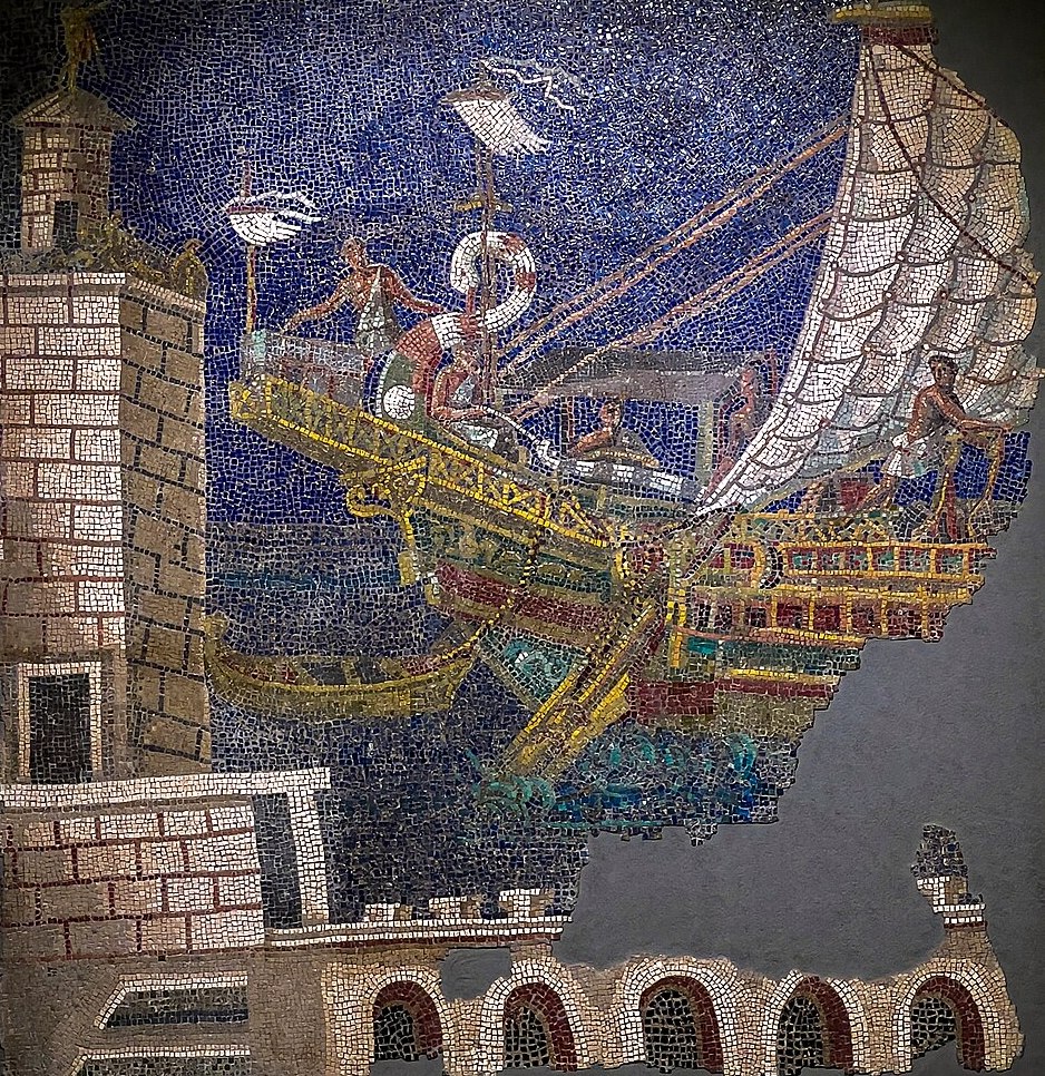 Starożytna rzymska mozaika przedstawiająca statek wpływający do portu w Aleksandrii (Chappsnet/CC BY-SA 4.0)
