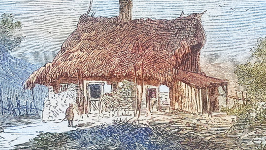 XIX-wieczna chata chłopska. Grafika z epoki (koloryzacja - WielkaHISTORIA).