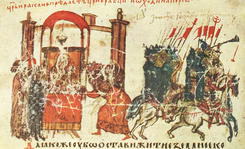 Cesarz Herakliusz modli się przed wyruszeniem na wrogów. Iluminacja XII-wieczna