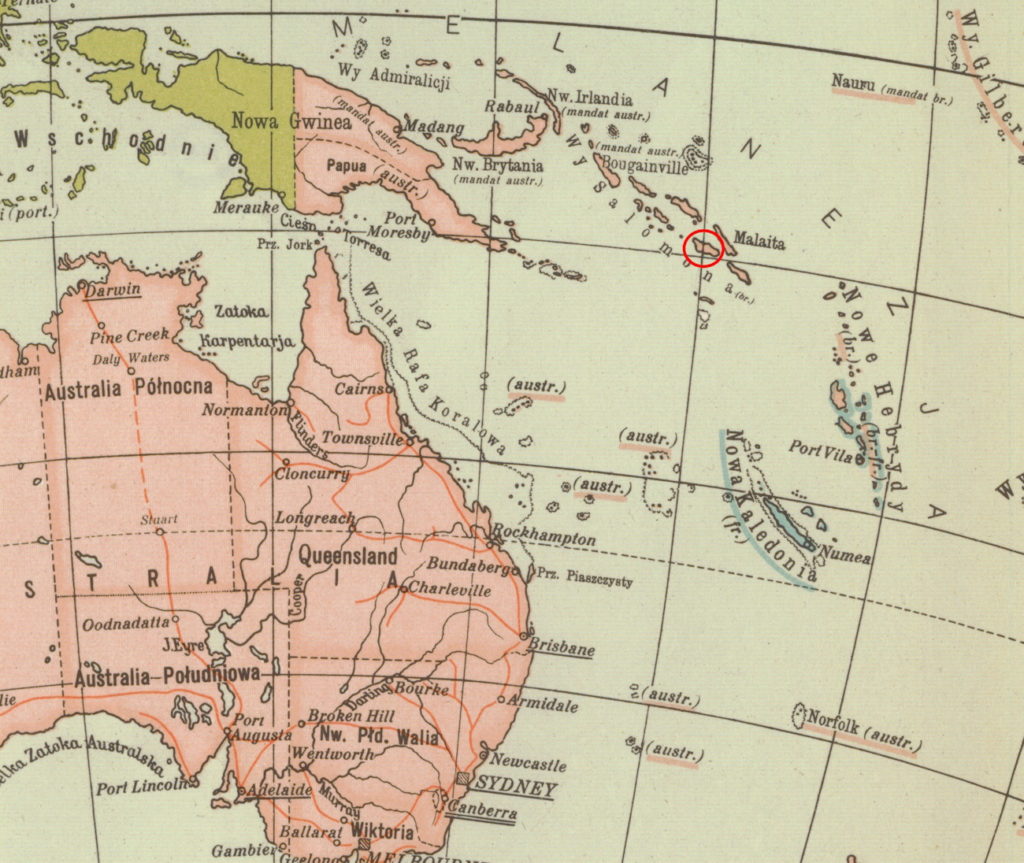 Guadalcanal (zaznaczony czerwonym kółkiem) w archipelagu Wysp Salomona na mapie z 1939 roku (Eugeniusz Romer/domena publiczna).