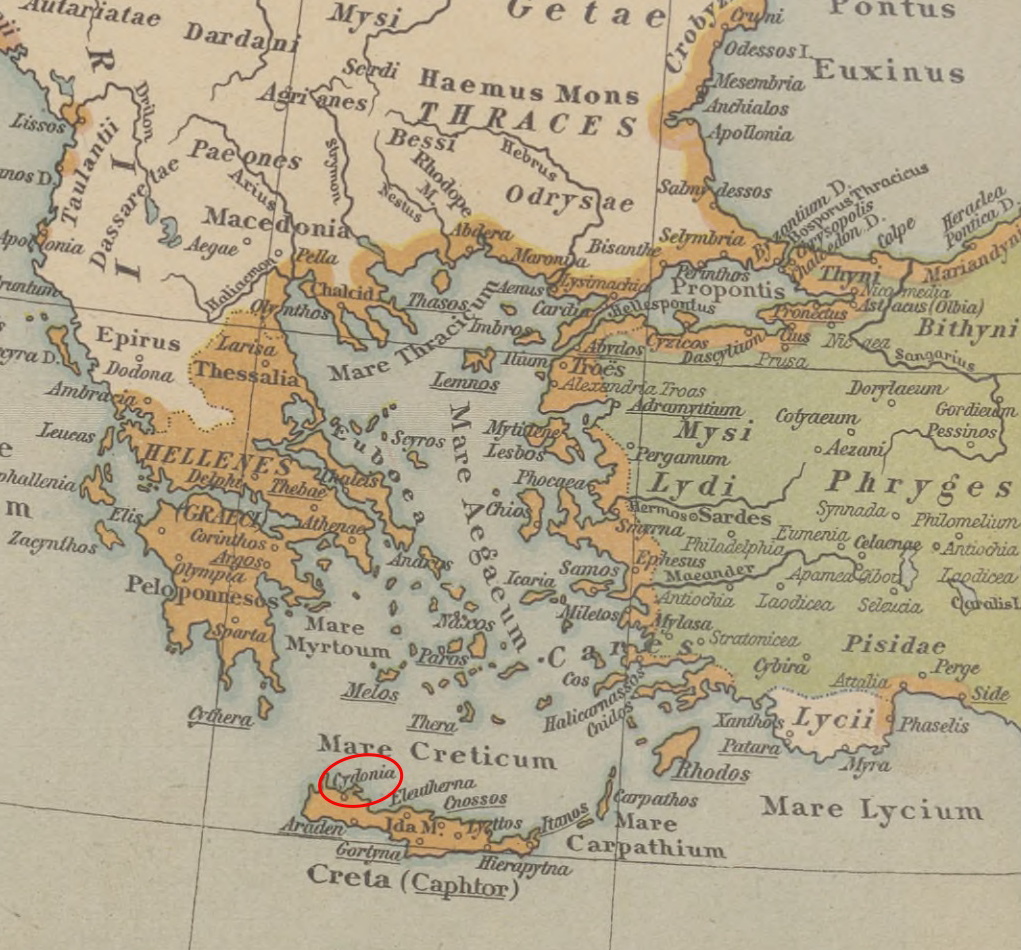 Mapa przedstawiająca starożytną Grecję oraz Azję Mniejszą z zaznaczoną Kydonią (Friedrich Wilhelm Putzger/domena publiczna).