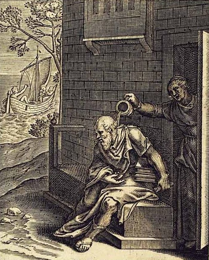 Rycina z XVII wieku przedstawiającą Ksantypę wylewającą zawartość nocnika na głowę Sokratesa (Otto van Veen/domena publiczna).