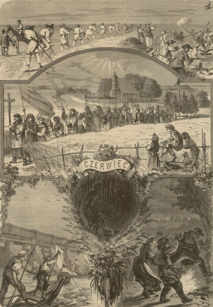 Czerwiec w kalendarzu zwyczajowym tygodnika "Kłosy" z 1868 roku. W lewym górnym rogu widać chłopów uwijających się przy sianokosach (domena publiczna).