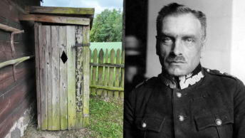 Felicjan Sławoj Składkowski i typowa sławojka w skansenie.