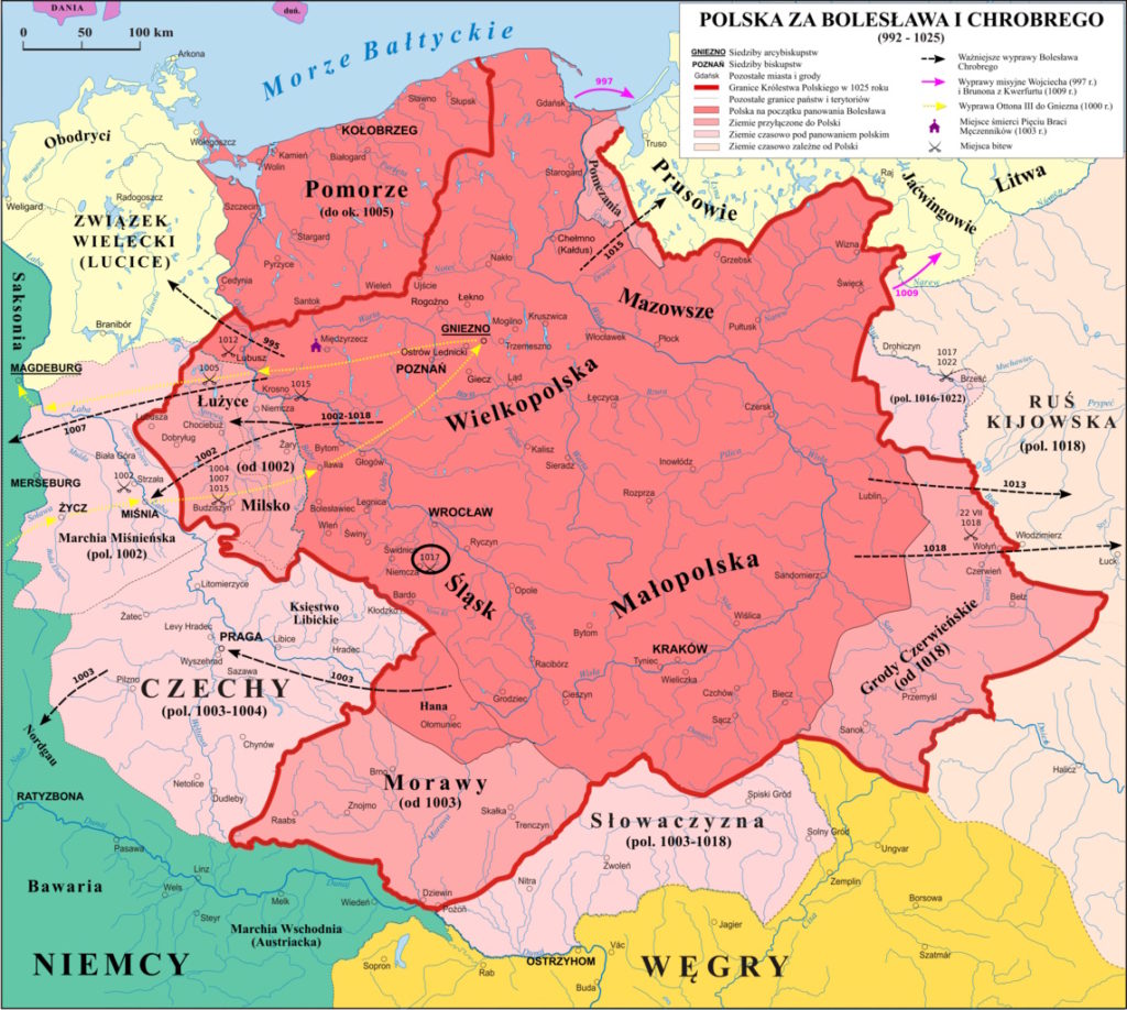 Mapa Polski w czasach Chrobrego z zanacznoym miejscem walk o Niemczę w 1017 roku (Poznaniak, Popik/CC BY-SA 3.0).