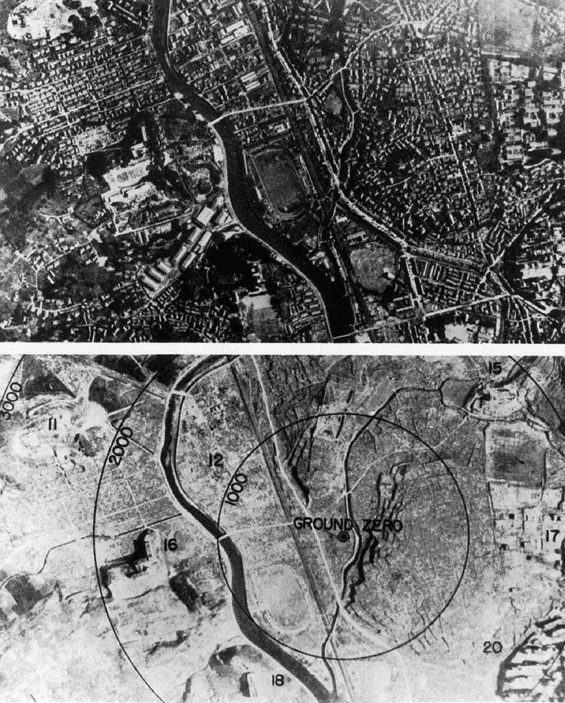 Nagasaki przed i po bombardowaniu (domena publiczna).