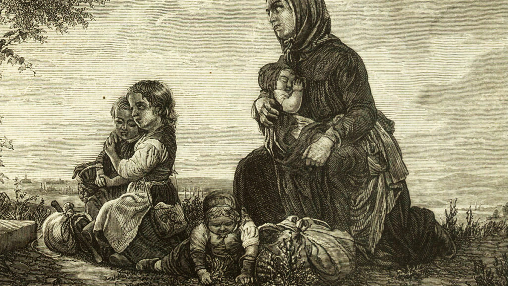 Chłopka z gromadką swoich dzieci. Ilustracja XIX-wieczna