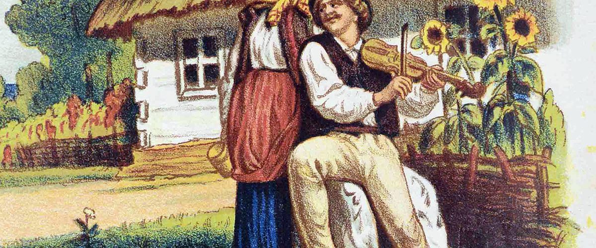 Chłopska para przed chatą. Grafika XIX-wieczna.