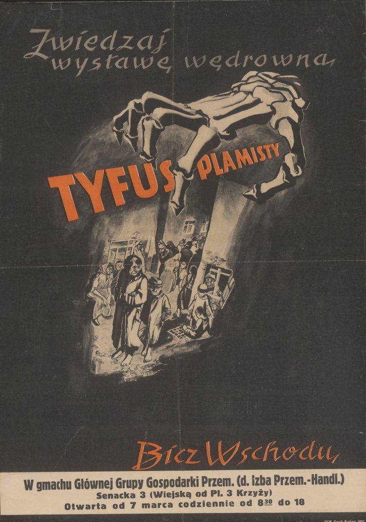 Plakat z 1943 roku reklamujący wystawę poświęconą tyfusowi. Niemcy panicznie bali się tej choroby (domena publiczna).