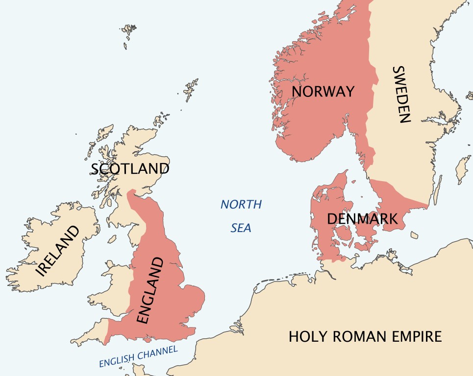 Imperium Knuta Wielkiego około roku 1028 (.Hel-hama/CC BY-SA 3.0).