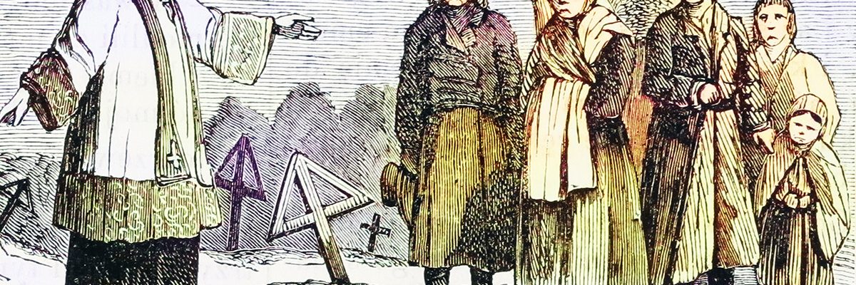 Ksiądz i parafianie. Grafika prasowa z XIX wieku.