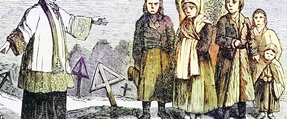Ksiądz i parafianie. Grafika prasowa z XIX wieku.