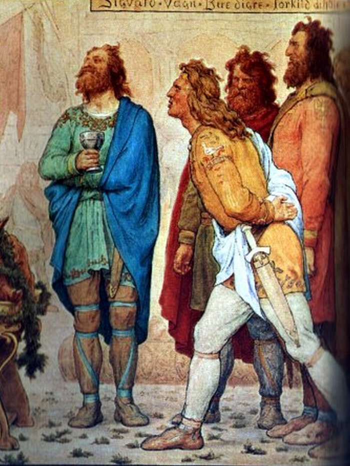Thorkell Wysoki (pierwszy po prawej) w wyobrażeniu XIX-wiecznego artysty (Lorenz Frølich/domena publiczna).