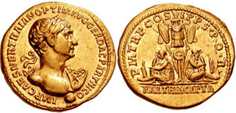 Aureus wybity przez Trajana dla uczczenia jego sukcesów w wojnie z Partami (CNG/CC BY-SA 3.0).