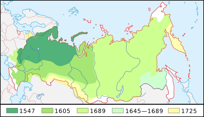 Kolejne etapy podbojów carskiej Rosji (Любослов Езыкин/CC BY-SA 3.0).