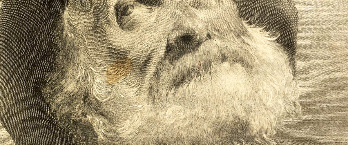 Modlący się starzec. Grafika XVIII-wieczna.