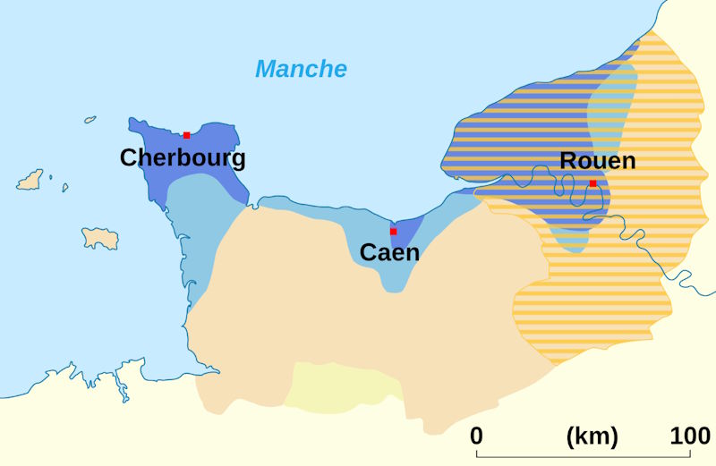 Normandia w X-XI wieku. Żółtymi paskami (z prawej) zaznaczono obszar przekazany Rollonowi około 911 roku