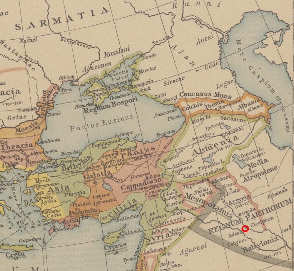 Posiadłości starożytnego Rzymu oraz granicząca z nimi Partia. Seleucja zaznaczona czerwonym kółkiem (domena publiczna).