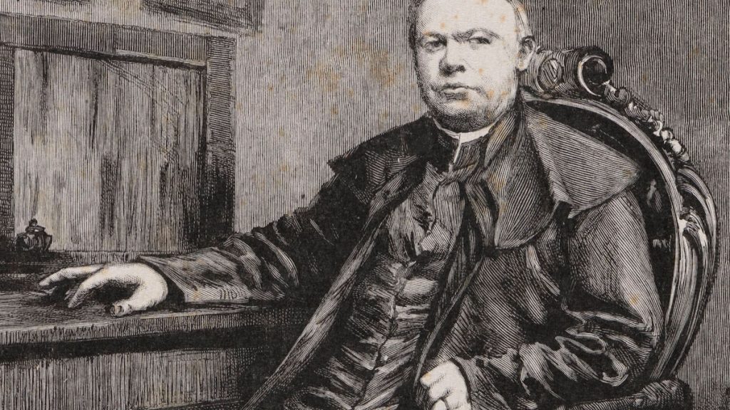 Siedzący ksiądz. Ilustracja XIX-wieczna.