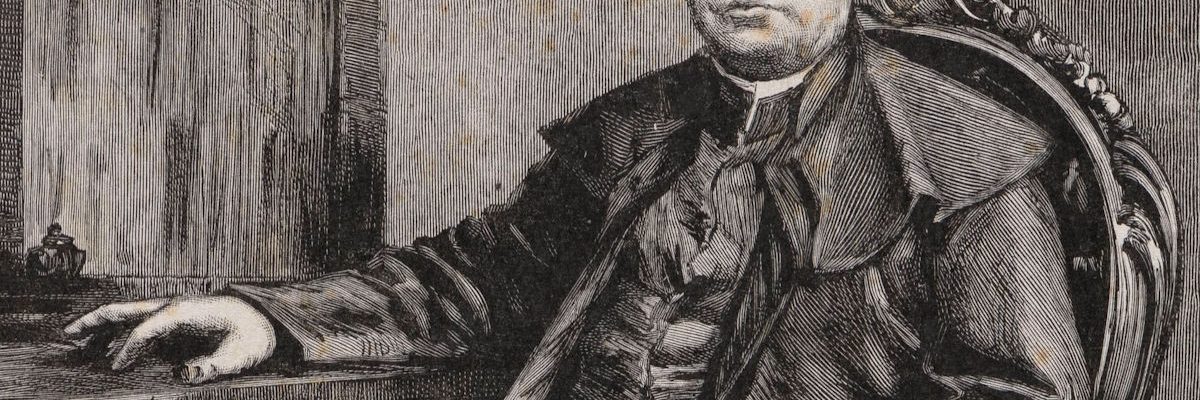 Siedzący ksiądz. Ilustracja XIX-wieczna.