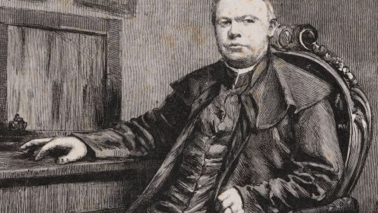 Siedzący ksiądz. Ilustracja XIX-wieczna.