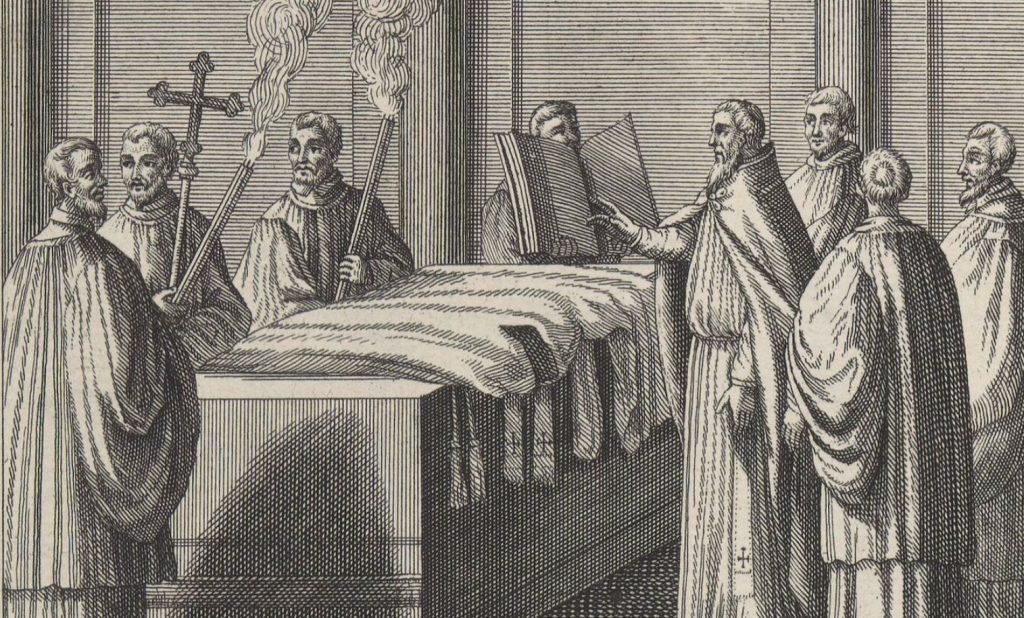 Święcenie szat liturgicznych. Rycina z XVIII wieku.