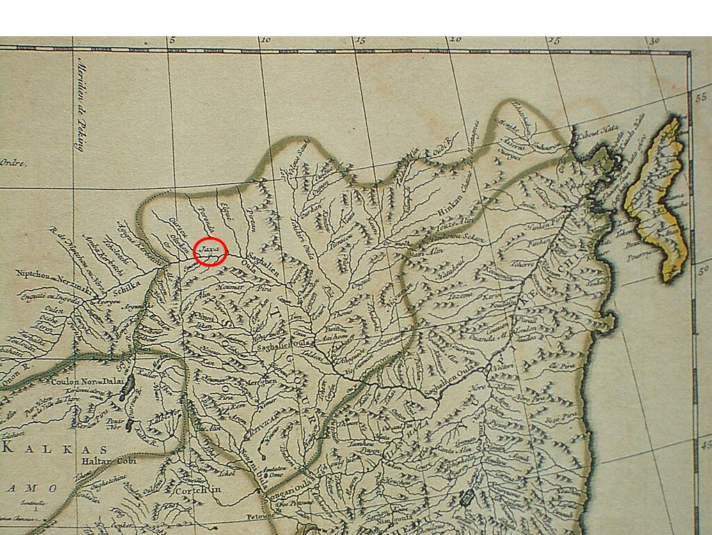 Fragment mapy Chin z XVIII wieku, gdzie Ałbazin oznaczony jest jako Jaxa (Jean Baptiste Bourguignon d’Anville).