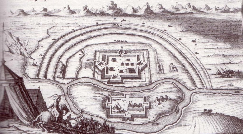 Holenderska rycina z wyobrażeniem Jaxy (Ałbazinu) obleganego przez Chińczyków w 1685 roku (domena publiczna).