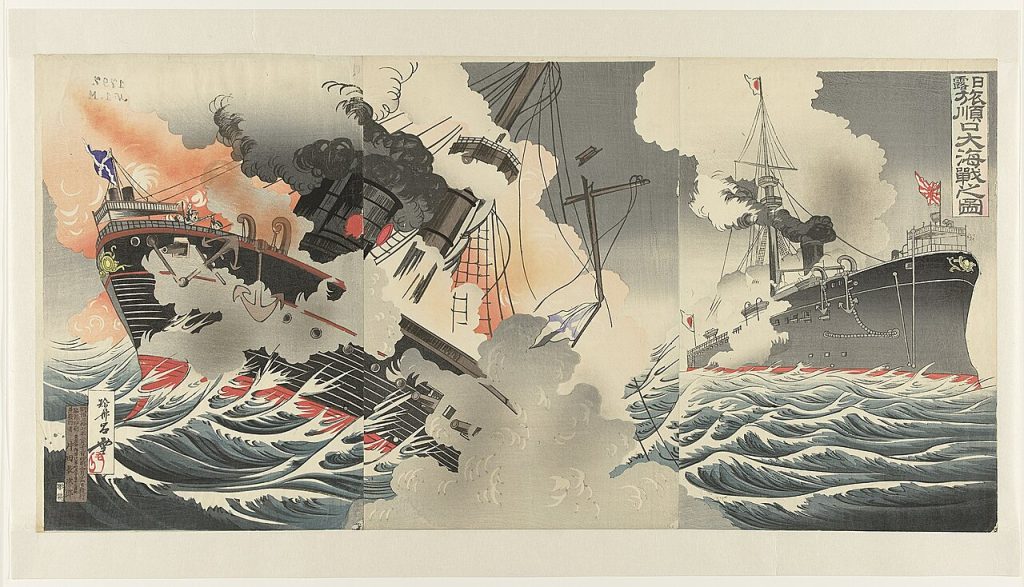Japoński drzeworyt przedstawiający atak na Port Artur (domena publiczna).