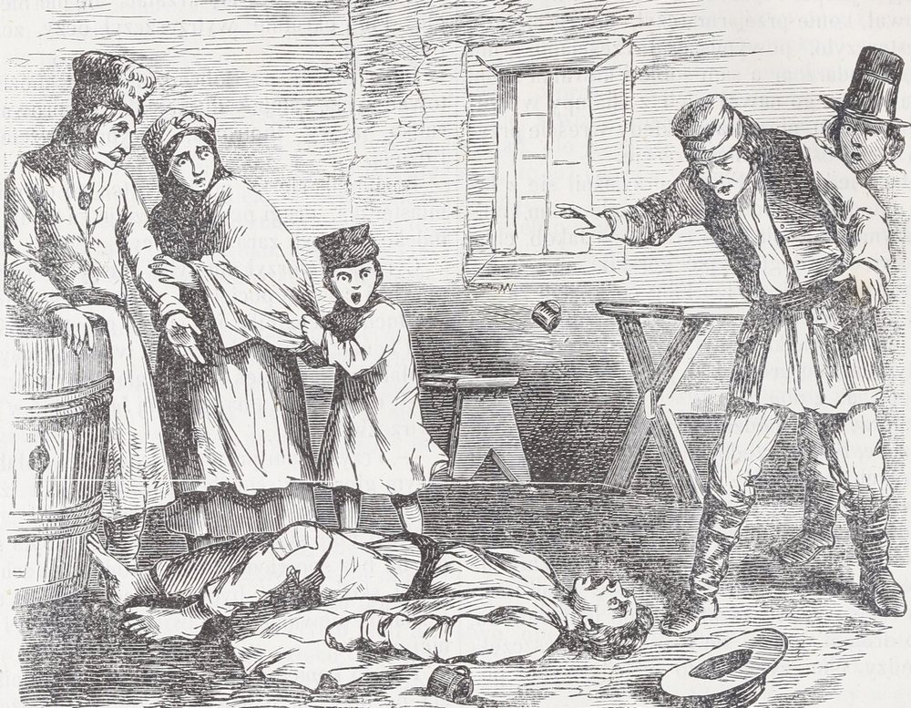 Pijany chłop leżący na podłodze w karczmie. Rysunek z lat 60. XIX wieku