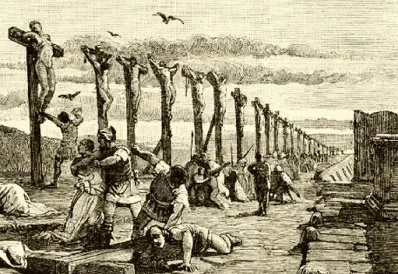 Po klęsce powstania Spartakusa Rzymianie ukrzyżowali tysiące niewolników (domena publiczna).