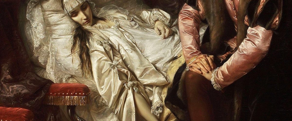 Umierająca Barbara Radziwiłłówna w swoim dworskim łożu. Zapewne większym od mężowskiego