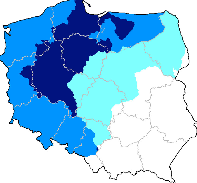 Zasięg terytorium Prus i obszaru zaborów naniesiony na dzisiejszą mapę Polski. Kolorem jasnoniebieskim oznaczono ziemie utracone przez Prusy już w 1806 roku (ryc. imislav12. lic. CC-BY-SA 3,0).