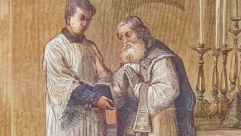 Ksiądz podczas mszy. Grafika XIX-wieczna.