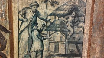 Szlachcice i uciekający chłop. Fragment malowidła na drzwiach prawdopodobnie z XVII wieku.